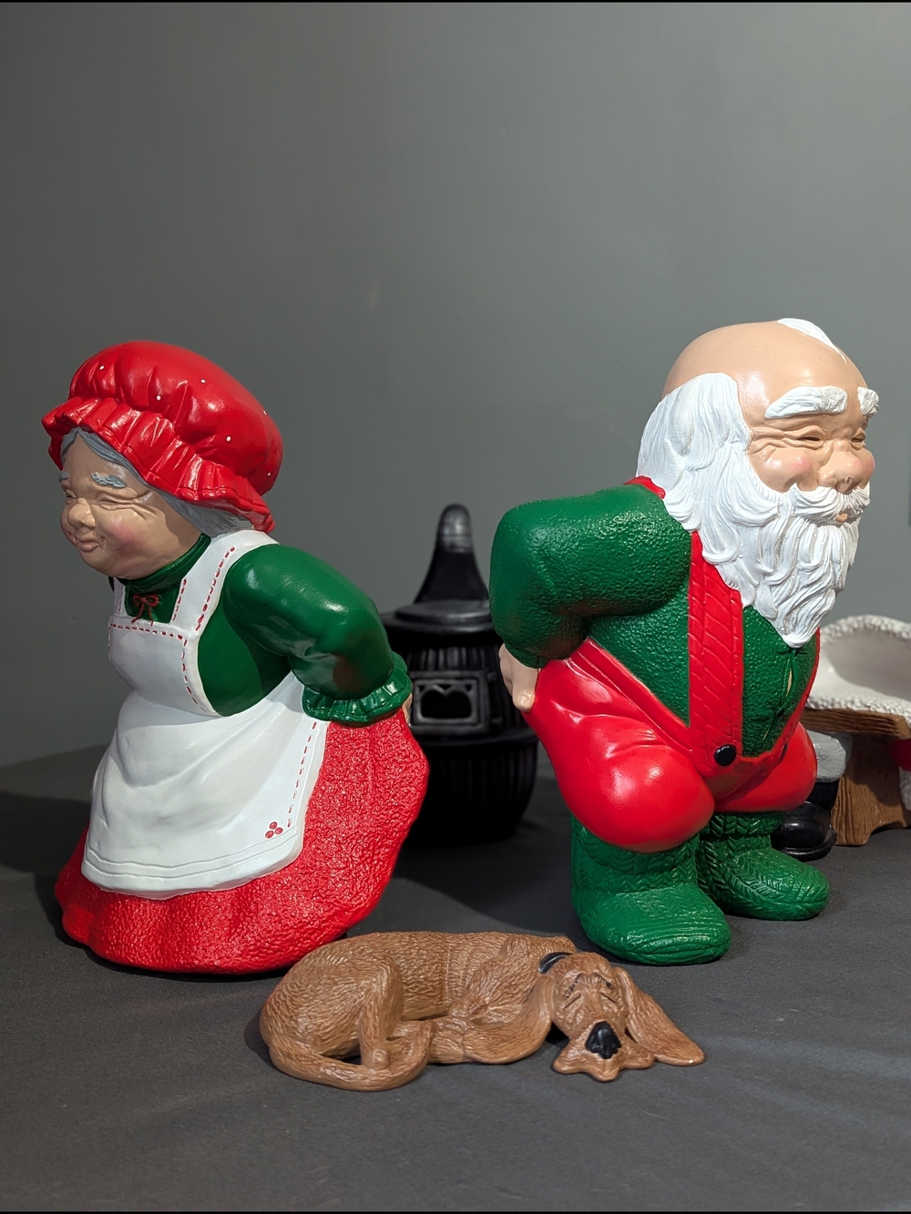 Vintage Warm Bum Santa & Mrs Clause 4 Piece Figurines Christmas Kitsch Whimsy